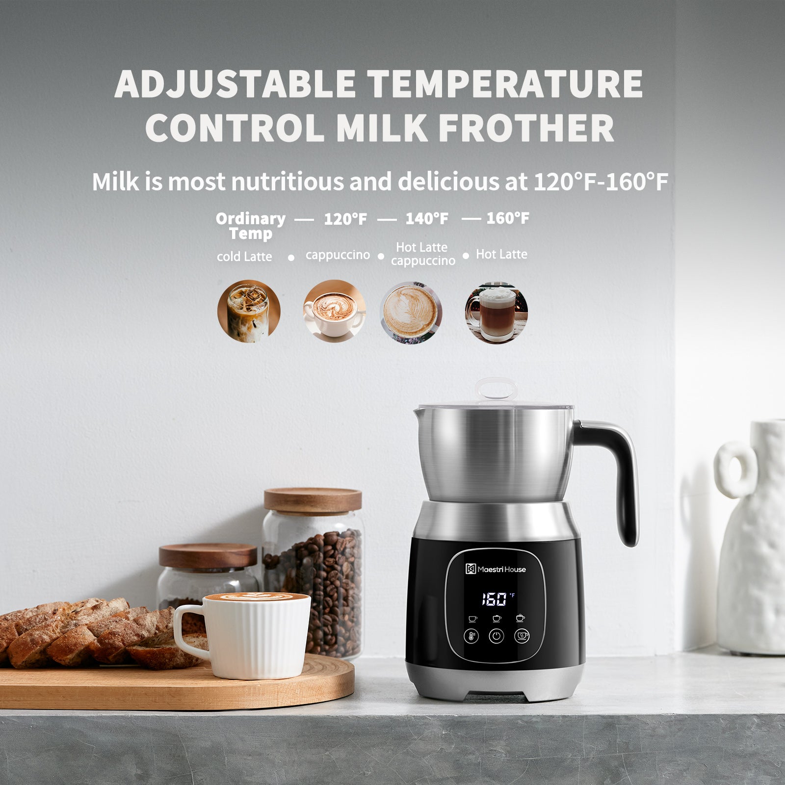 Maestri House Detachable Milk Frother with Smart Touch Control,Variable  Temp and Froth Thickness - Moonlight White 