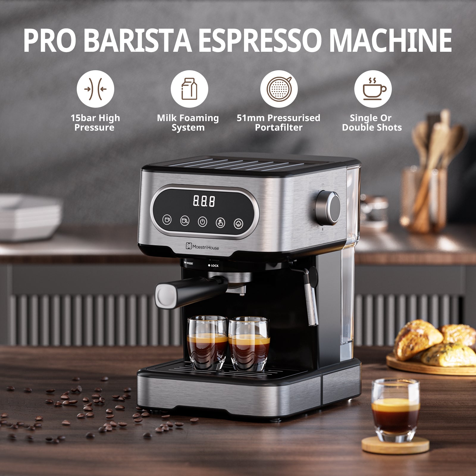 Maestri House Coffee Maker, 8-Cup Drip Coffee Machine with Stainless Steel,  One-Touch Brewing and Adjustable Strength, Automatic Start, Glass Carafe